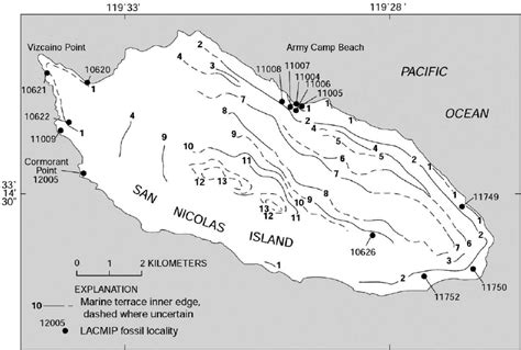 Map of San Nicolas Island, California, showing inner edges of marine ...