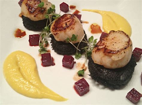 Scallops on Black Pudding (Boudin Noir) with sweetcorn puree and ...