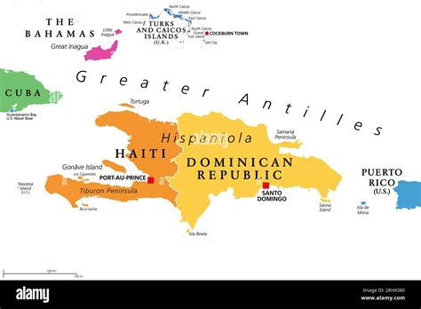 Hispaniola and surroundings, colored political map. Caribbean island ...