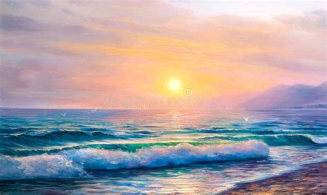 Sunrise Over Sea. Painting Seascape. Stock Illustration - Illustration ...