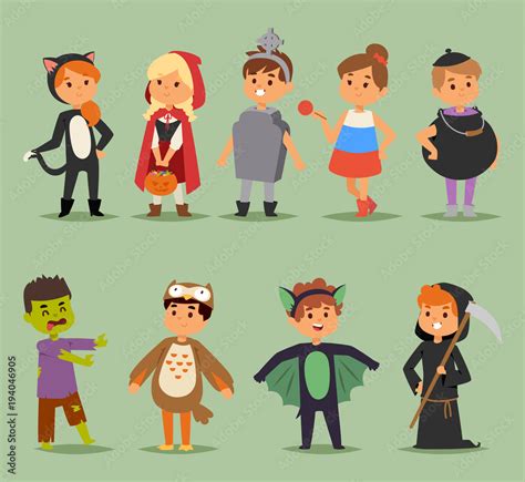 Cartoon cute kids wearing Halloween costumes vector characters. Little ...