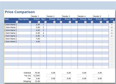 Comparison Table Excel Template