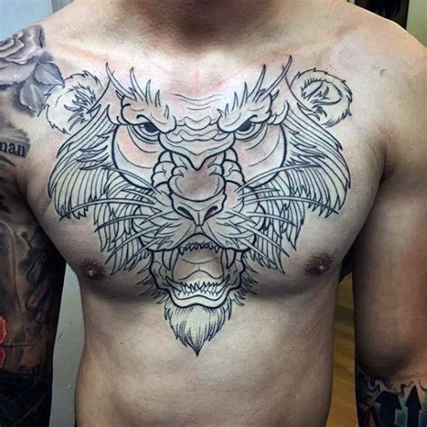 Black Ink Outline Chest Lion Tattoos For Men - Next Luxury