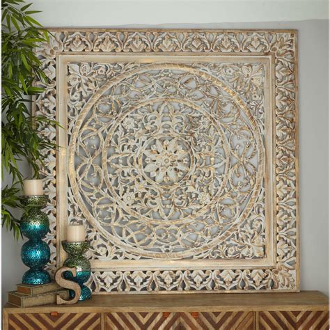 59 in. x 59 in. Rustic Decorative Carved Filigree-Patterned Wooden Wall ...