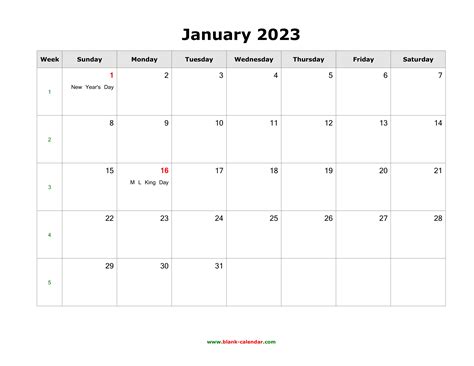 Download January 2023 Blank Calendar with US Holidays (horizontal)