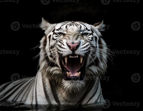 Detailed portrait of a white tiger's face that is roaring and soaking ...