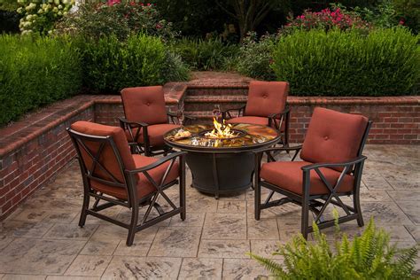 CC Outdoor Living 5-Piece Round Glass Top Gas Fire Pit Set w/ Red Patio ...