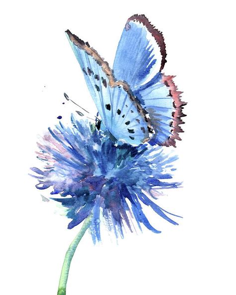 Butterfly Painting - Blue Butterfly And Blue Flower by Suren Nersisyan ...