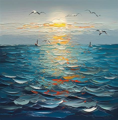 Premium AI Image | A painting of a sunset with seagulls flying over the ...