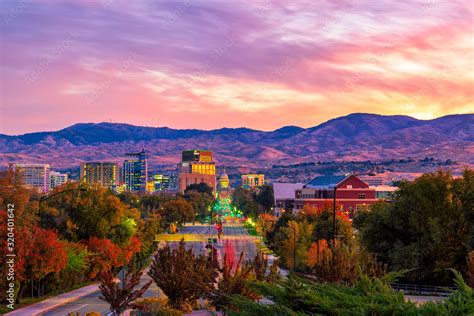 Boise Idaho skyline morning sunrise with light street traffic Stock ...