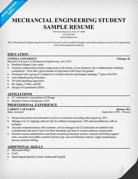 Sample Resume For Engineering Students – SIMPLE RESUME