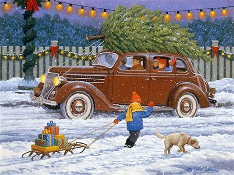 Snow scene and the family tree. | Christmas scenes, Retro christmas ...