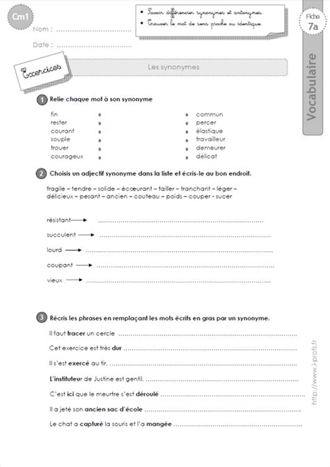 Exercices VOCABULAIRE CM1: les Synonymes