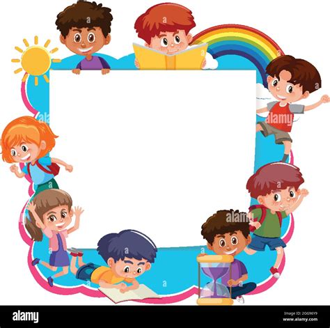 Frame template with school kids cartoon character illustration Stock ...