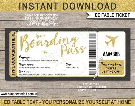 Printable Editable Boarding Pass Template Surprise Fake Plane Ticket ...