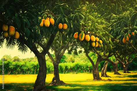 Mango trees in a garden. Generative AI Stock Illustration | Adobe Stock