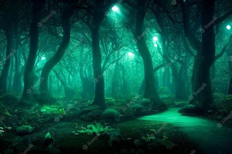 Premium Photo | Magical forest path with glowing fireflies Night ...