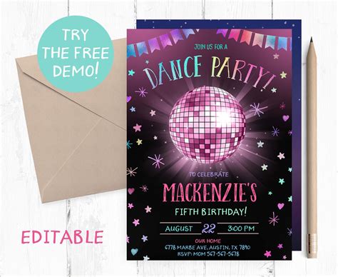 Editable Glow Dance Party Invitation Dancing Party | Etsy Israel ...