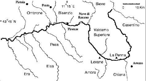 Map of the River Arno basin. (Nave di Rosano closes the upper part of ...