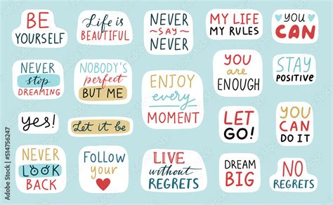 Motivational stickers set. Cute positive badges, lettering, doodle ...