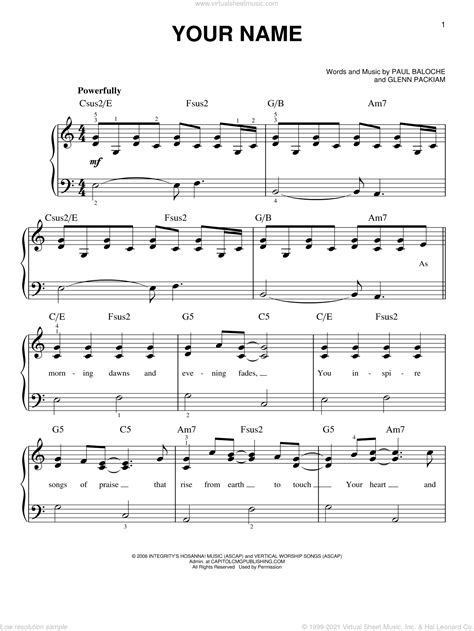 Your Name, (easy) sheet music for piano solo (PDF-interactive)