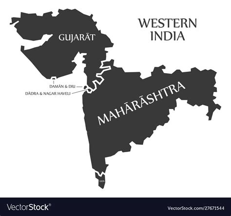 Western india region map labelled black Royalty Free Vector