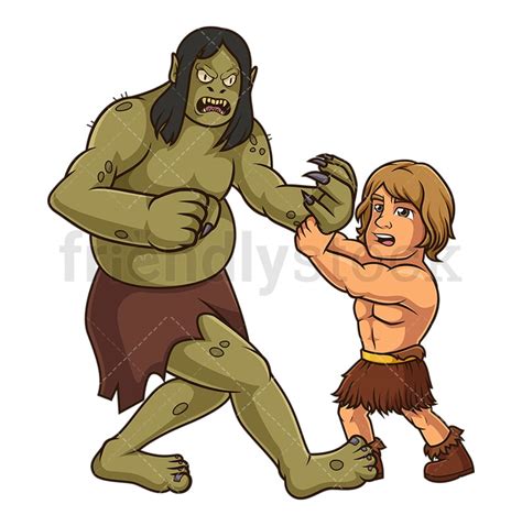 Beowulf Fighting Grendel Cartoon Clipart Vector - FriendlyStock