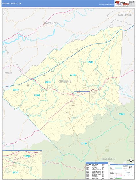 Greene County, TN Zip Code Wall Map Basic Style by MarketMAPS - MapSales