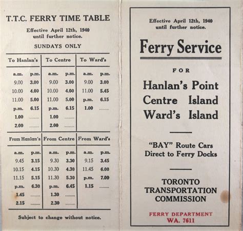 Toronto TTC Ferry Schedule to Islands (1940) | Ferry, Downtown toronto, Ttc