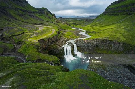 Waterfall At The Gates Of Okmok At Umnak High-Res Stock Photo - Getty ...