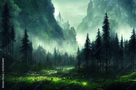 dark forest panorama fantasy landscape, anime style, style, toon, Stock ...