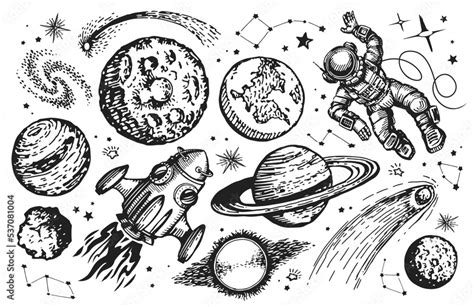 Space trip concept. Galaxy drawing set. Spaceship, astronaut, planets ...