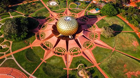 Arial view of Auroville experimental township in Viluppuram district ...