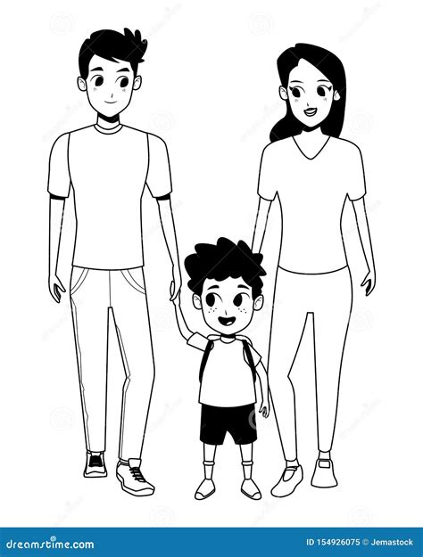 Family Young Parents with Children Cartoon in Black and White Stock ...