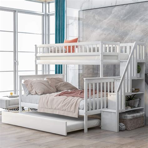 Twin Over Full Bunk Bed with Trundle and Staircase, Baysitone Solid ...