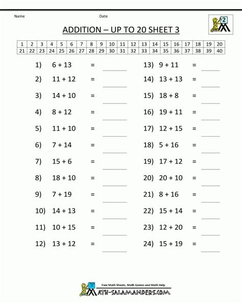 Addition Worksheet To 20 | Math facts addition, Math fact practice ...