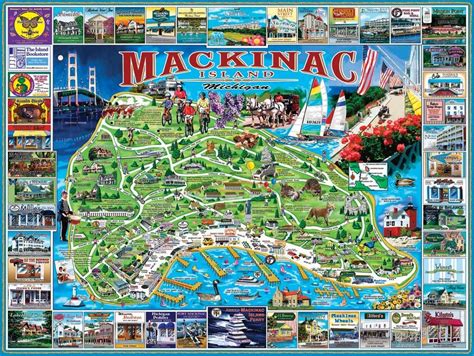 a map of mackinac, michigan with the names and cities on it's sides