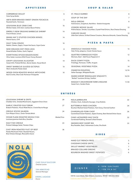 NOLA Restaurant menu in New Orleans, Louisiana, USA