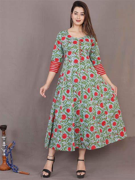 Sky Blue Cotton Floral Printed Long Kurti | Cotton kurti designs ...