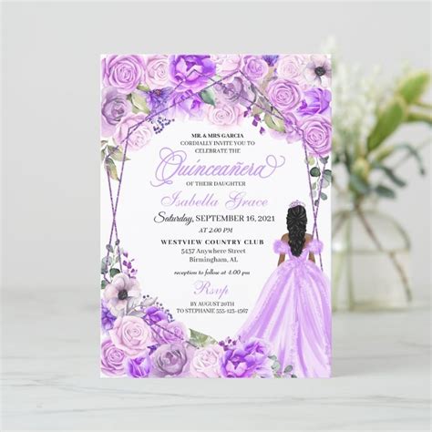 Elegant Lilac Purple Floral Quinceanera Invitation Size: 5" x 7 ...