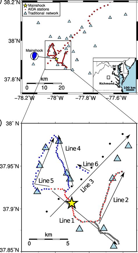 (a) Map of traditional aftershock network (triangles), aftershock ...