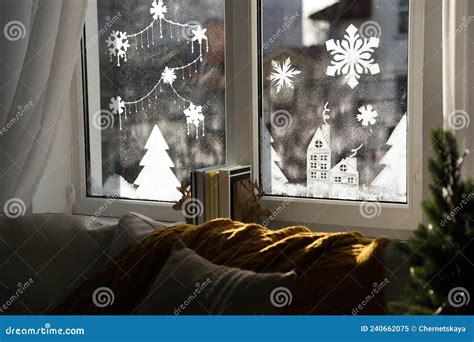 Beautiful Drawing Made of Artificial Snow on Window at Home. Christmas ...