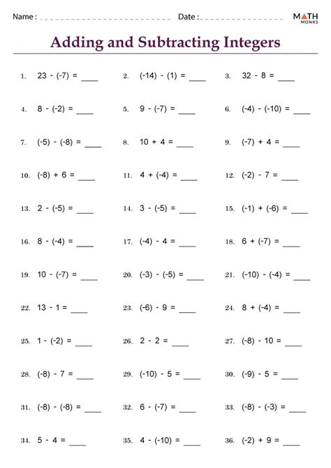 7th Grade Integers Worksheets - Math Monks