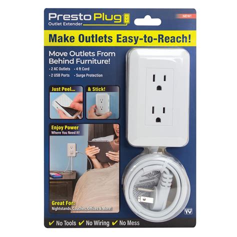 Presto Plug Outlet Extender, 2 USB Ports, 2 AC Outlets, 4ft Cord Small ...