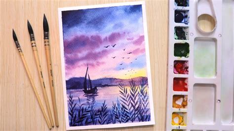 Watercolor painting of beautiful seascape with boat easy - YouTube