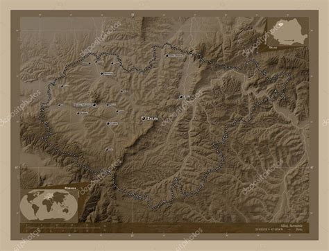 Salaj, county of Romania. Elevation map colored in sepia tones with ...