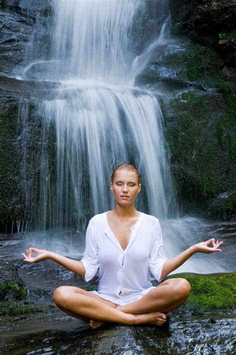 Yoga Meditation Near Waterfall Stock Image - Image of concentration ...