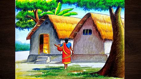 Village scenery drawing step by step/Village hut scenery drawing ...