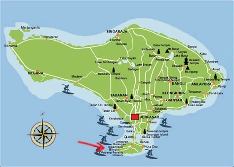 the map of Bali with Bingin beach in the south end of the island ...