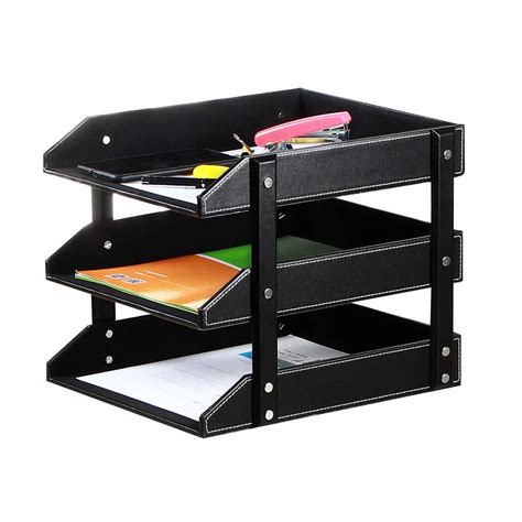 Buy Letter Trays Leather Desk File Organizer, 3-Tier Shelves Document ...